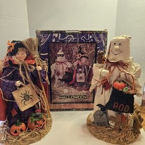 Vtg Nos Halloween‎ Witch & Ghost Resin Fabric Mache statue Figure Large Set NEW
